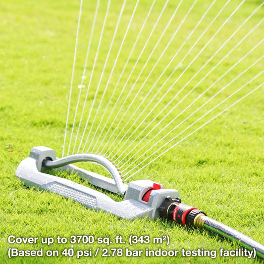 96218 Heavy Duty Turbo Oscillating Sprinkler, Covers Up to 3,700 sq. ft., 18 Brass Nozzles, Weighted Aluminum Base, Adjustable Range, Quick Connect Bundle, Silver, Red, Black