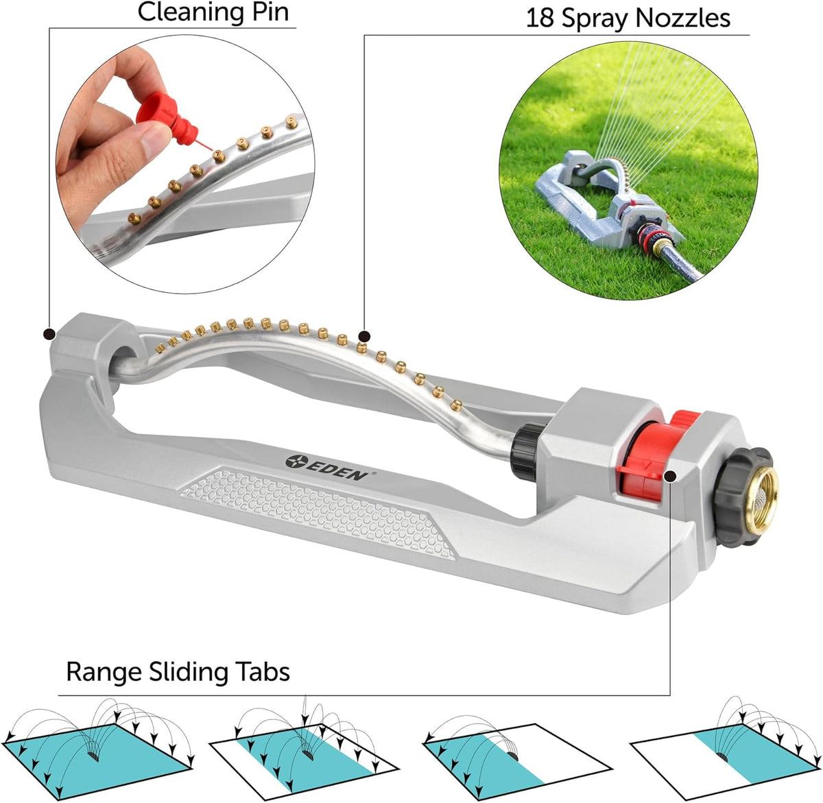 96218 Heavy Duty Turbo Oscillating Sprinkler, Covers Up to 3,700 sq. ft., 18 Brass Nozzles, Weighted Aluminum Base, Adjustable Range, Quick Connect Bundle, Silver, Red, Black