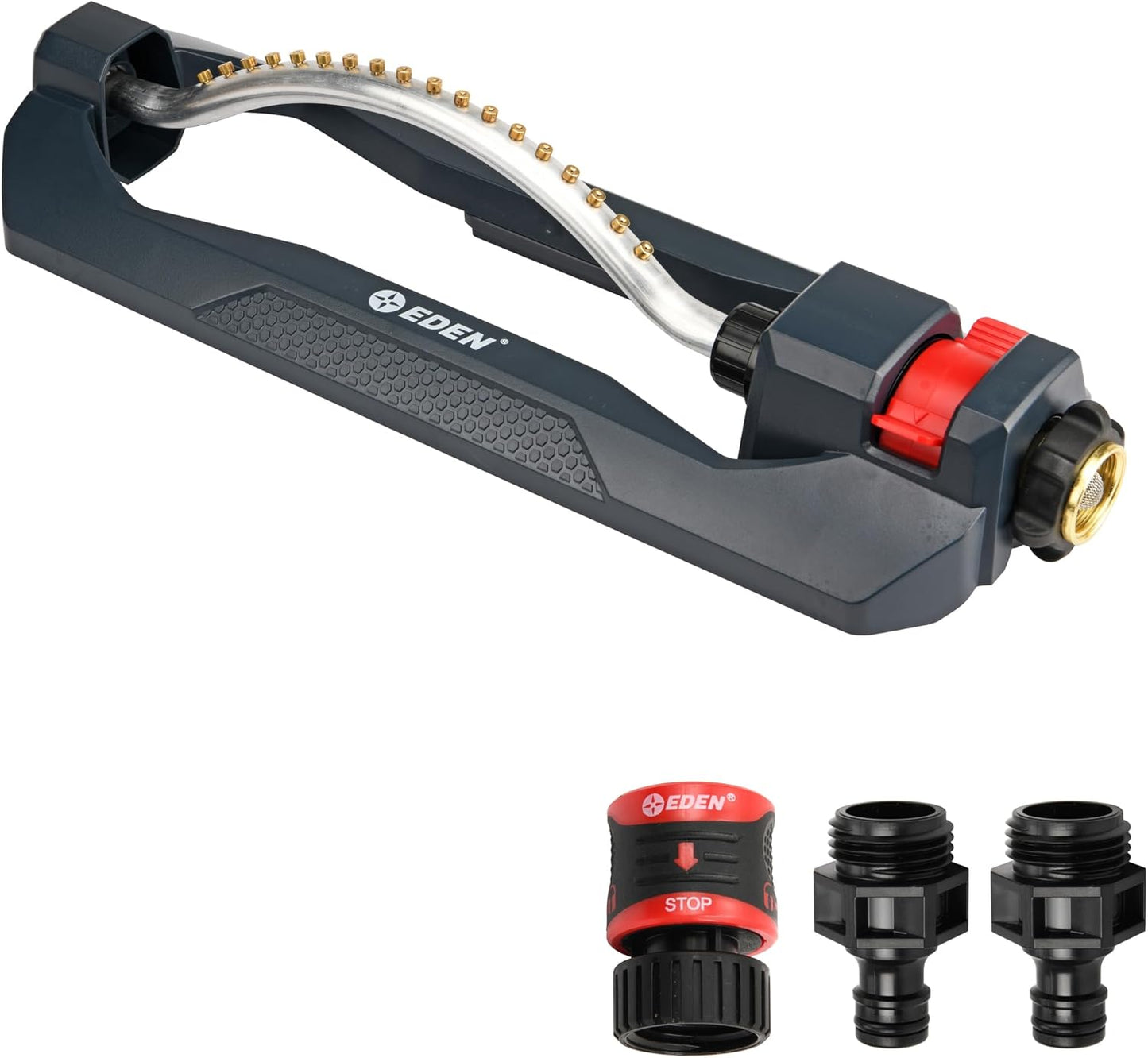 96218 Heavy Duty Turbo Oscillating Sprinkler, Covers Up to 3,700 sq. ft., 18 Brass Nozzles, Weighted Aluminum Base, Adjustable Range, Quick Connect Bundle, Silver, Red, Black