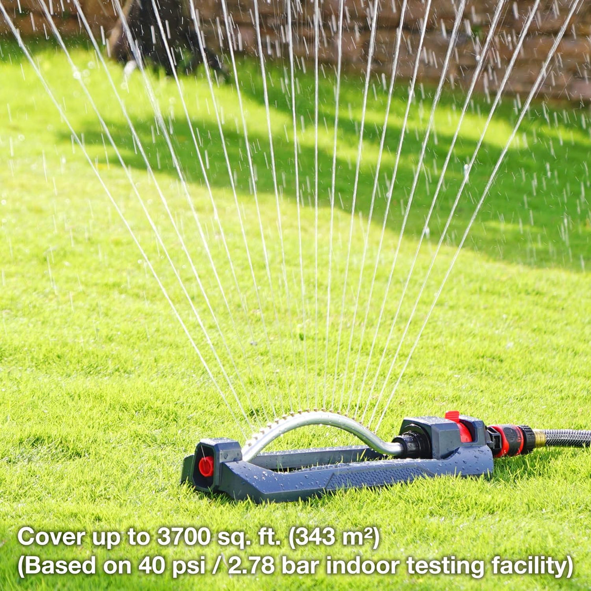 96218 Heavy Duty Turbo Oscillating Sprinkler, Covers Up to 3,700 sq. ft., 18 Brass Nozzles, Weighted Aluminum Base, Adjustable Range, Quick Connect Bundle, Silver, Red, Black