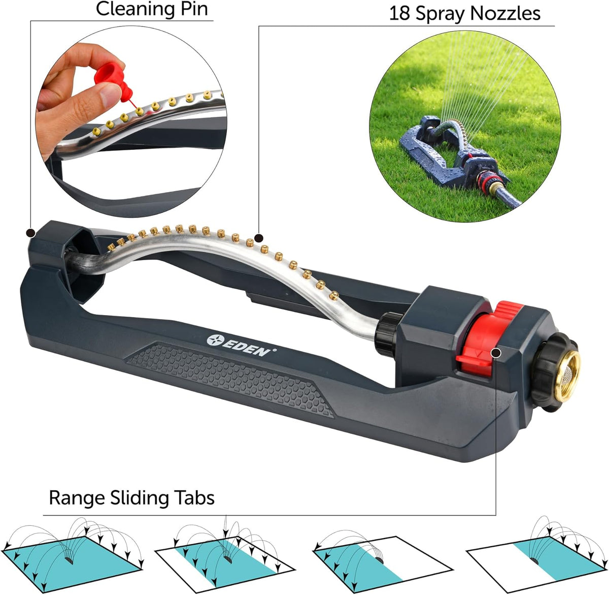 96218 Heavy Duty Turbo Oscillating Sprinkler, Covers Up to 3,700 sq. ft., 18 Brass Nozzles, Weighted Aluminum Base, Adjustable Range, Quick Connect Bundle, Silver, Red, Black