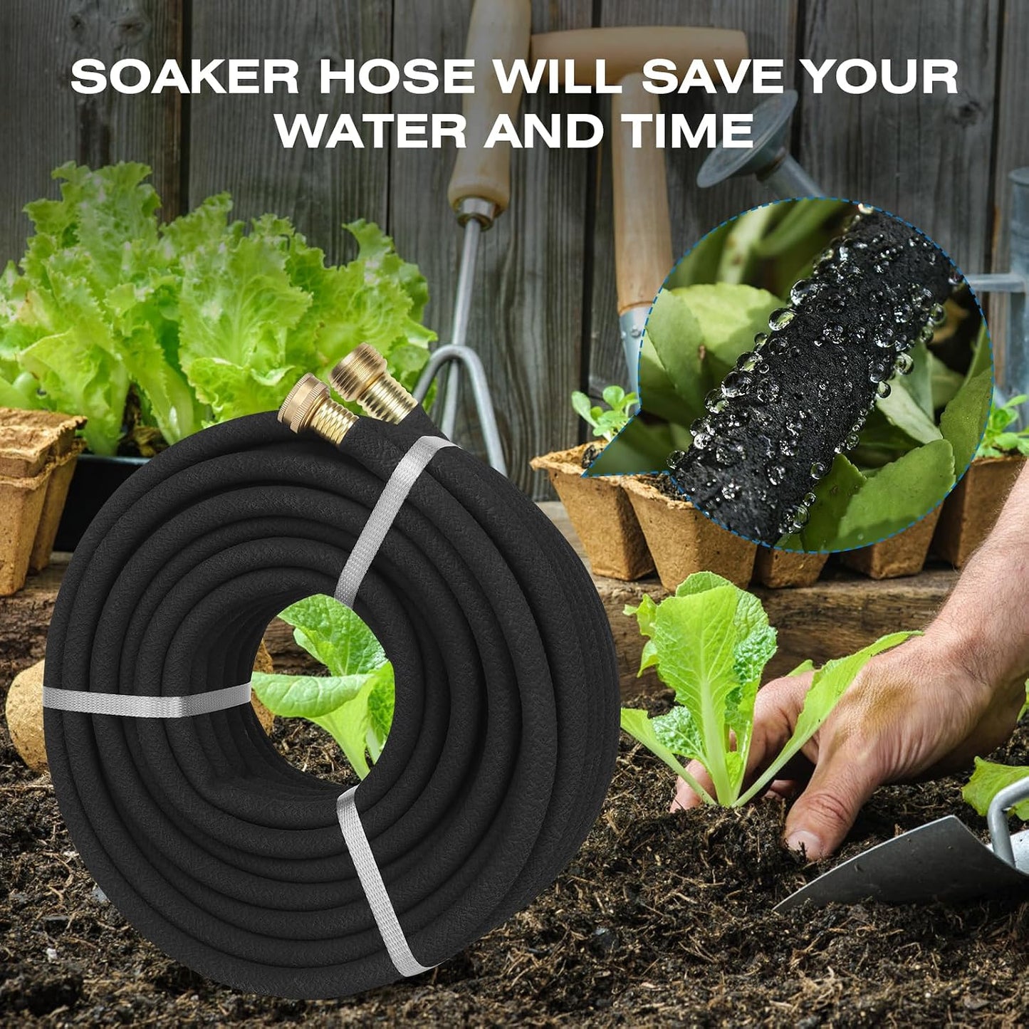 Soaker Hose 150FT Heavy Duty Rubber Saves 75% Water End Cap Included for Additional Hose Connect Great for Gardens/Flower Beds