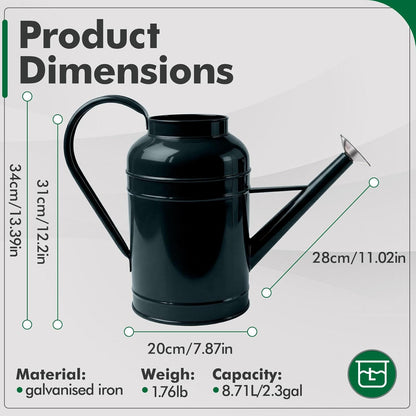 Galvanized Iron Watering Can for Indoor Plants, Bowl Watering Cans for House Plant Garden Flower, Long Spout Water Can for Outdoor Watering Plants 8.71L 2.3 Gallon Silver