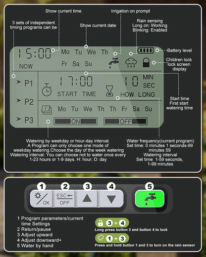 Sprinkler Timer with Brass Valves, Programmable Hose Timer for Garden & Lawn, Digital Watering System with Rain Delay & Manual Override, for Soaker Hoses, Drip Irrigation, Yard Care (Clear)