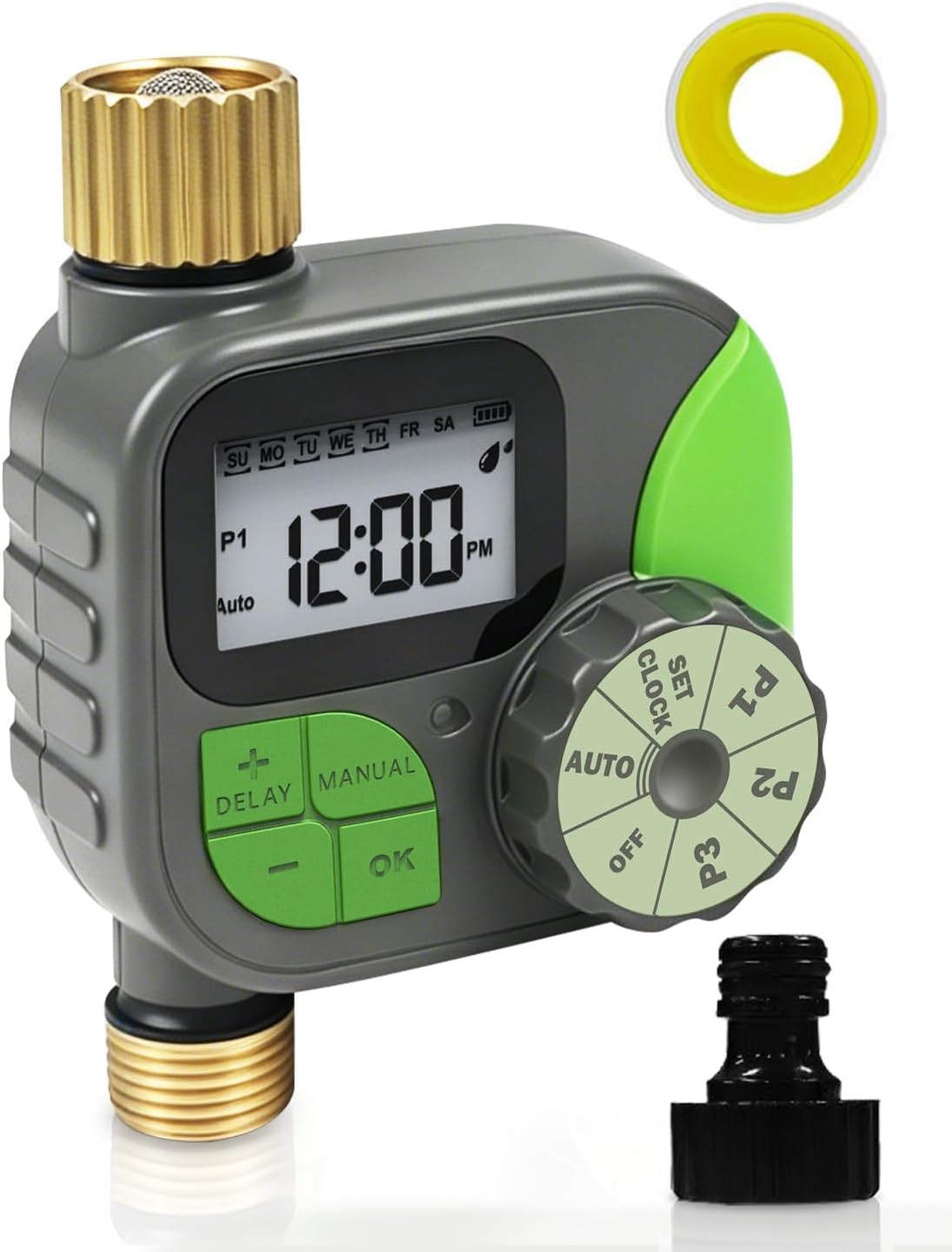 Sprinkler Timer with Brass Valves, Programmable Hose Timer for Garden & Lawn, Digital Watering System with Rain Delay & Manual Override, for Soaker Hoses, Drip Irrigation, Yard Care (Clear)