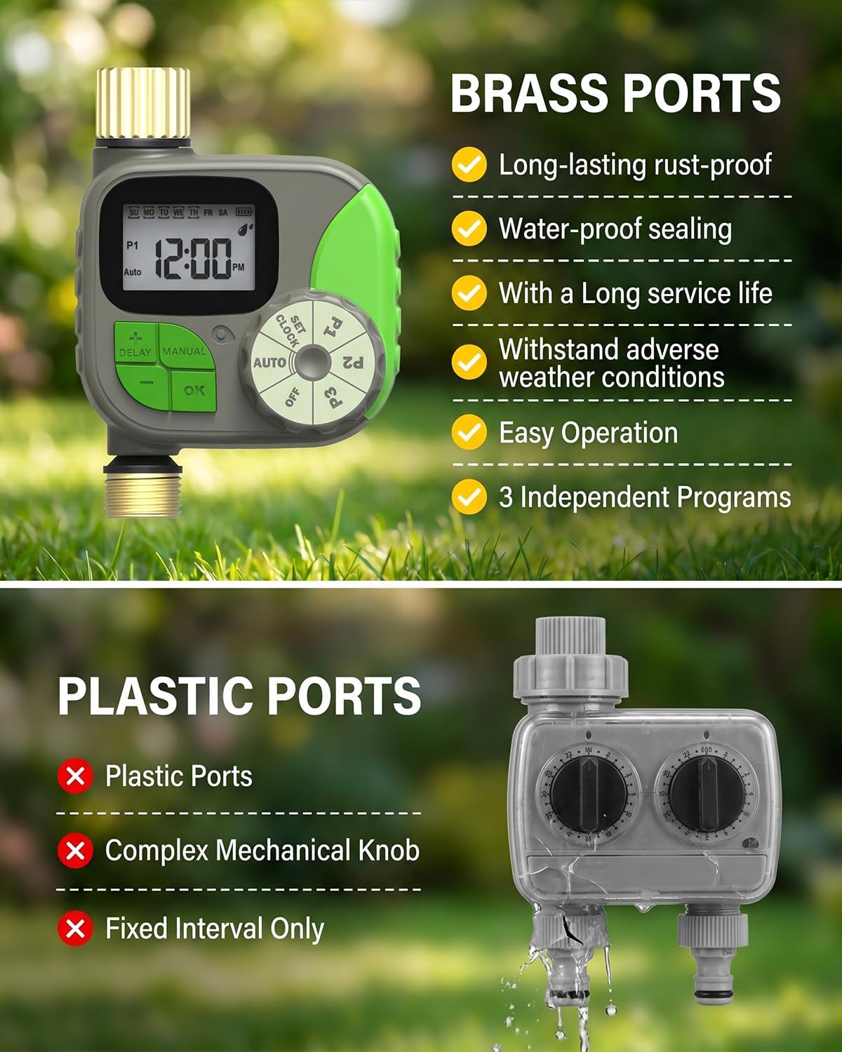 Sprinkler Timer with Brass Valves, Programmable Hose Timer for Garden & Lawn, Digital Watering System with Rain Delay & Manual Override, for Soaker Hoses, Drip Irrigation, Yard Care (Clear)