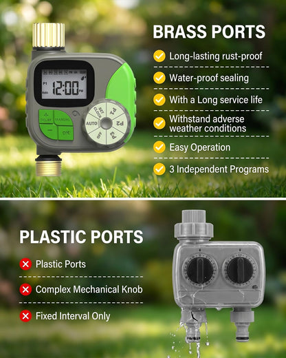 Sprinkler Timer with Brass Valves, Programmable Hose Timer for Garden & Lawn, Digital Watering System with Rain Delay & Manual Override, for Soaker Hoses, Drip Irrigation, Yard Care (Clear)