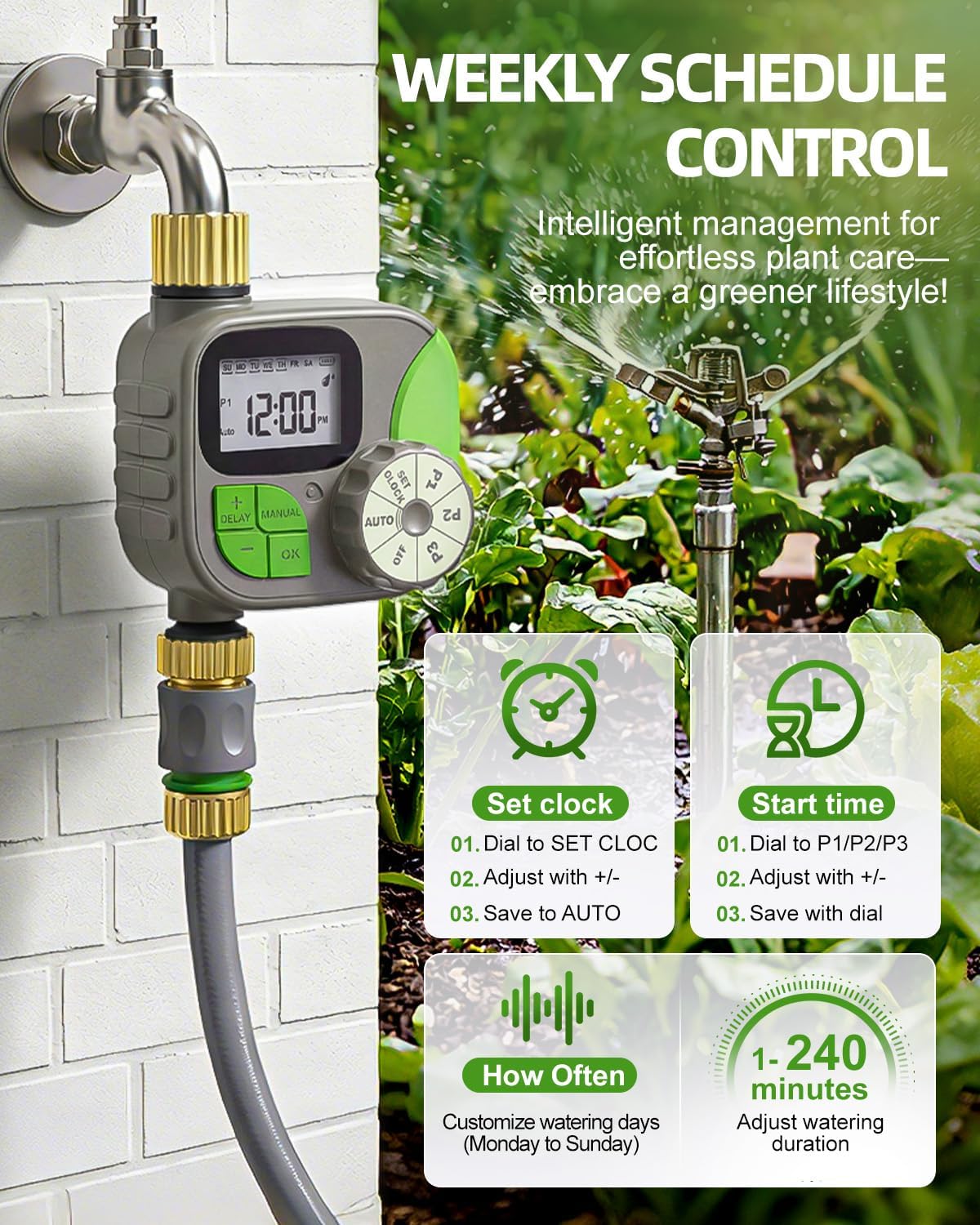 Sprinkler Timer with Brass Valves, Programmable Hose Timer for Garden & Lawn, Digital Watering System with Rain Delay & Manual Override, for Soaker Hoses, Drip Irrigation, Yard Care (Clear)