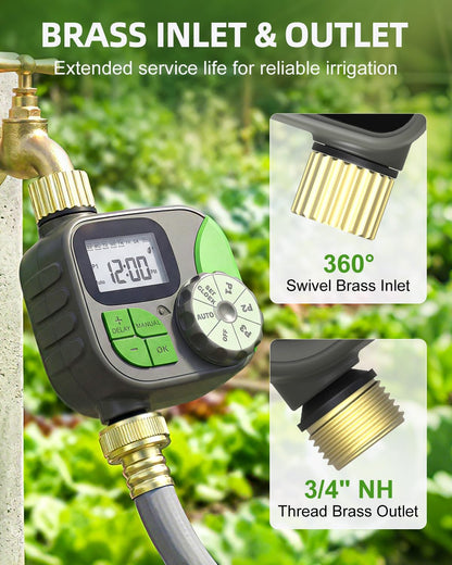 Sprinkler Timer with Brass Valves, Programmable Hose Timer for Garden & Lawn, Digital Watering System with Rain Delay & Manual Override, for Soaker Hoses, Drip Irrigation, Yard Care (Clear)