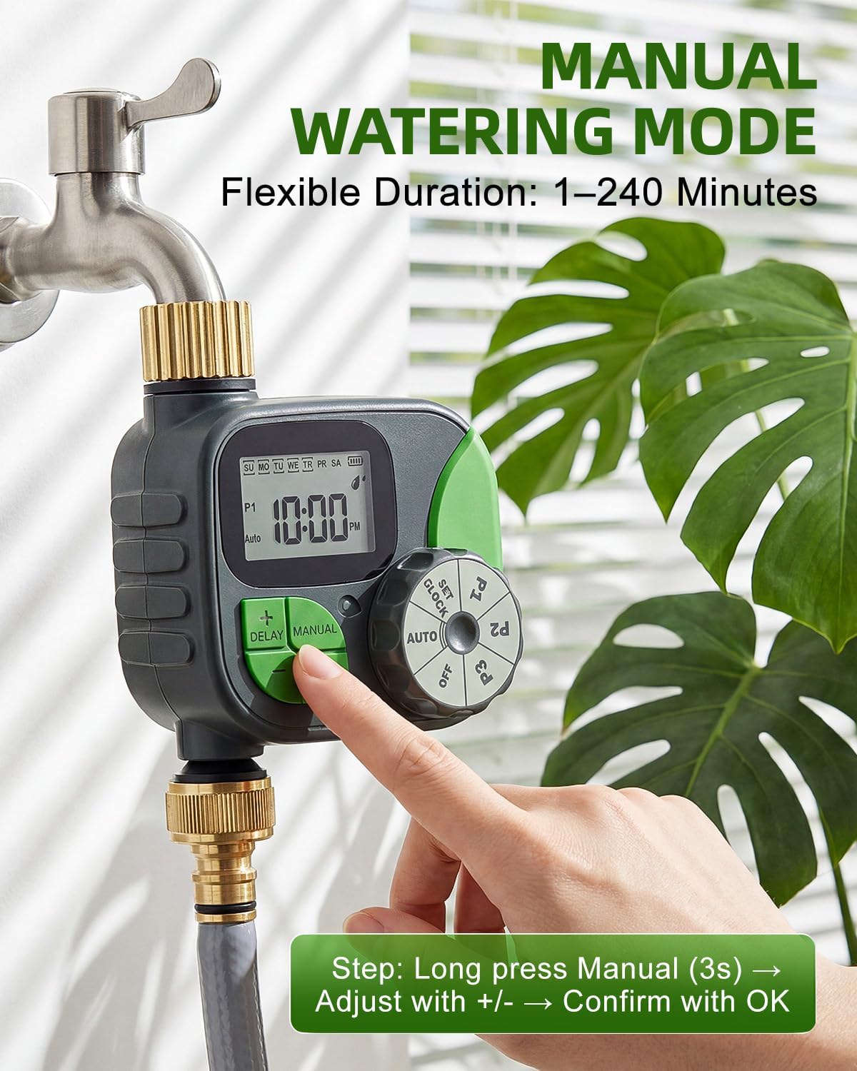 Sprinkler Timer with Brass Valves, Programmable Hose Timer for Garden & Lawn, Digital Watering System with Rain Delay & Manual Override, for Soaker Hoses, Drip Irrigation, Yard Care (Clear)