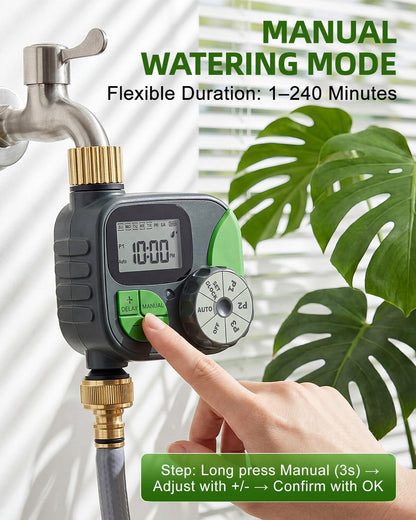 Sprinkler Timer with Brass Valves, Programmable Hose Timer for Garden & Lawn, Digital Watering System with Rain Delay & Manual Override, for Soaker Hoses, Drip Irrigation, Yard Care (Clear)