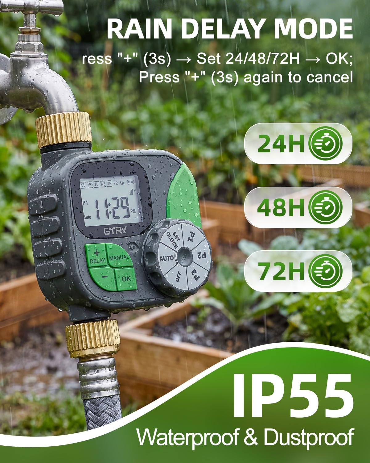 Sprinkler Timer with Brass Valves, Programmable Hose Timer for Garden & Lawn, Digital Watering System with Rain Delay & Manual Override, for Soaker Hoses, Drip Irrigation, Yard Care (Clear)