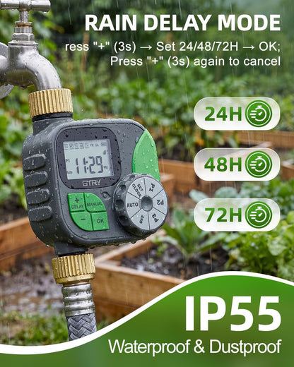 Sprinkler Timer with Brass Valves, Programmable Hose Timer for Garden & Lawn, Digital Watering System with Rain Delay & Manual Override, for Soaker Hoses, Drip Irrigation, Yard Care (Clear)