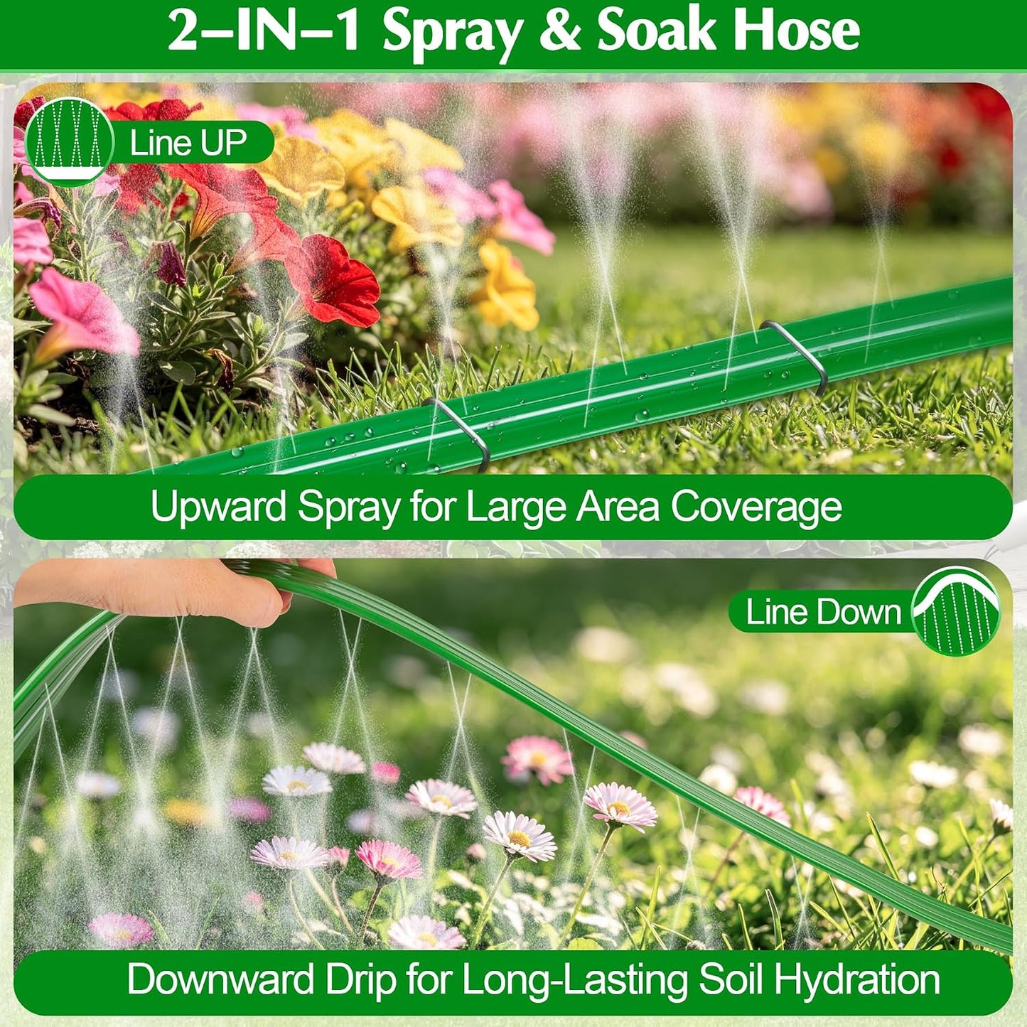 Sprinkler Hose with Holes, 50FT Heavy Duty Flat Soaker Hose, Watering Garden Drip Irrigation Hose – No-Kink High-Efficiency Sprinklers System for Yard, Lawn and Garden with 20 Staples