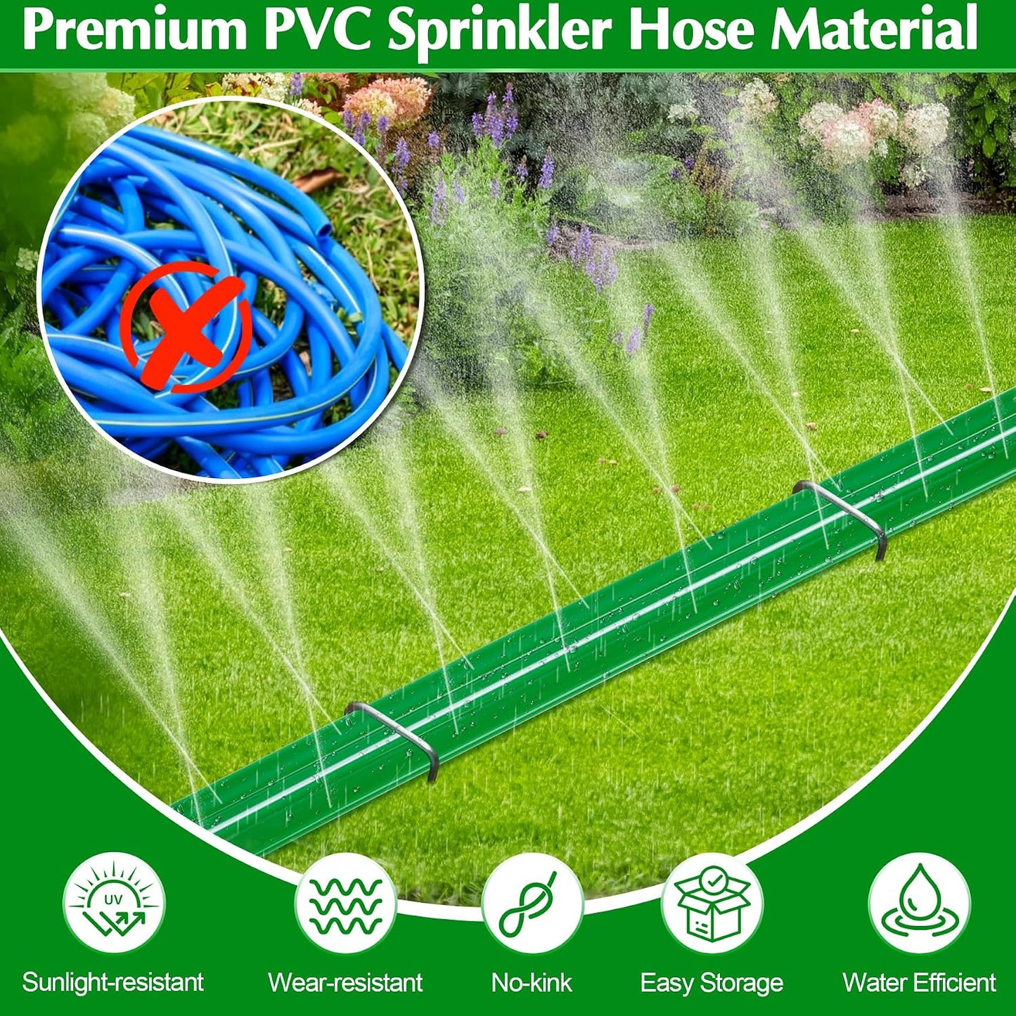 Sprinkler Hose with Holes, 50FT Heavy Duty Flat Soaker Hose, Watering Garden Drip Irrigation Hose – No-Kink High-Efficiency Sprinklers System for Yard, Lawn and Garden with 20 Staples