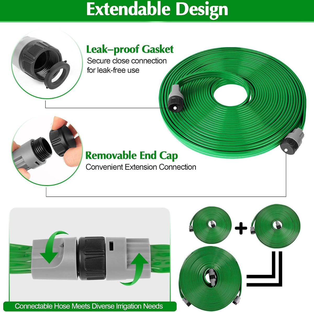 Sprinkler Hose with Holes, 50FT Heavy Duty Flat Soaker Hose, Watering Garden Drip Irrigation Hose – No-Kink High-Efficiency Sprinklers System for Yard, Lawn and Garden with 20 Staples