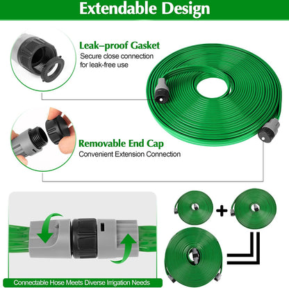 Sprinkler Hose with Holes, 50FT Heavy Duty Flat Soaker Hose, Watering Garden Drip Irrigation Hose – No-Kink High-Efficiency Sprinklers System for Yard, Lawn and Garden with 20 Staples