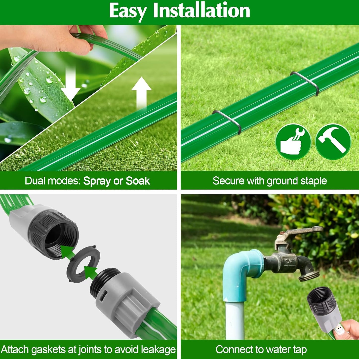 Sprinkler Hose with Holes, 50FT Heavy Duty Flat Soaker Hose, Watering Garden Drip Irrigation Hose – No-Kink High-Efficiency Sprinklers System for Yard, Lawn and Garden with 20 Staples