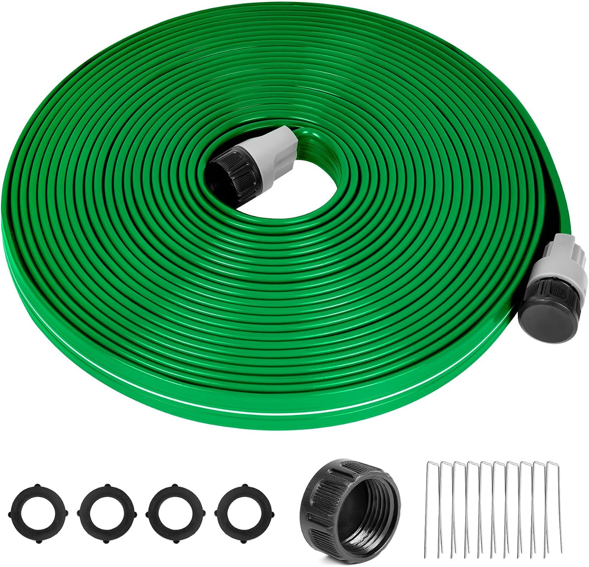 Sprinkler Hose with Holes, 50FT Heavy Duty Flat Soaker Hose, Watering Garden Drip Irrigation Hose – No-Kink High-Efficiency Sprinklers System for Yard, Lawn and Garden with 20 Staples