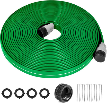 Sprinkler Hose with Holes, 50FT Heavy Duty Flat Soaker Hose, Watering Garden Drip Irrigation Hose – No-Kink High-Efficiency Sprinklers System for Yard, Lawn and Garden with 20 Staples