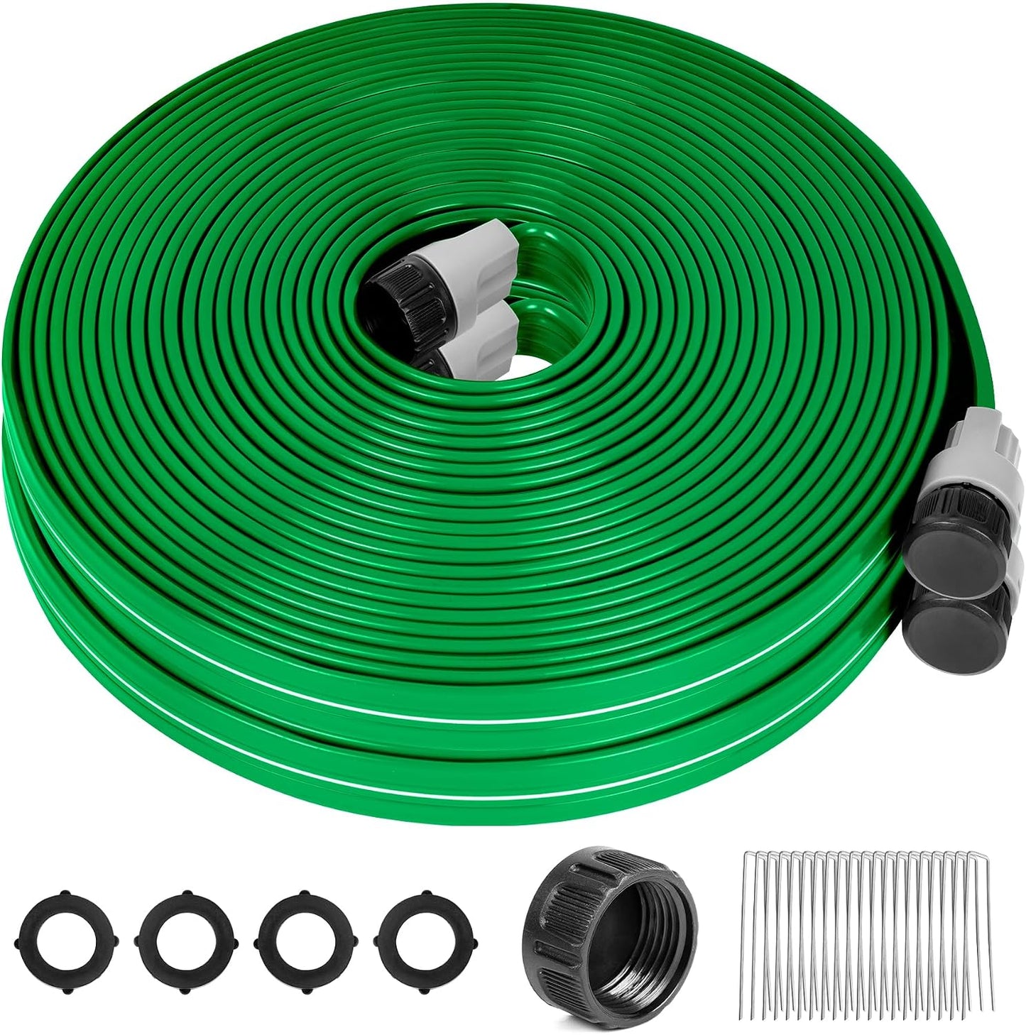 Sprinkler Hose with Holes, 50FT Heavy Duty Flat Soaker Hose, Watering Garden Drip Irrigation Hose – No-Kink High-Efficiency Sprinklers System for Yard, Lawn and Garden with 20 Staples