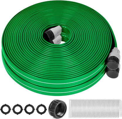 Sprinkler Hose with Holes, 50FT Heavy Duty Flat Soaker Hose, Watering Garden Drip Irrigation Hose – No-Kink High-Efficiency Sprinklers System for Yard, Lawn and Garden with 20 Staples