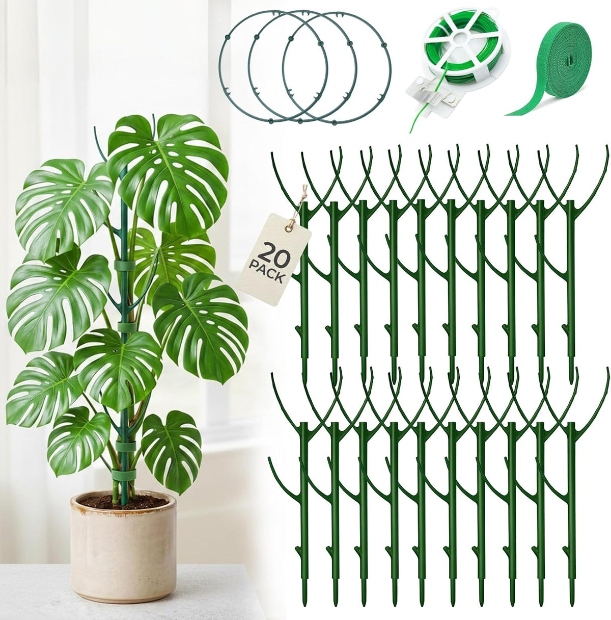 Monstera Plant Support Stakes Indoor - 10 Pack Stackable Garden Trellis for Potted Climbing Pothos Support - Durable All-in-One Tall Plant Sticks Pole for Modern Home Gardening (10 Pack)