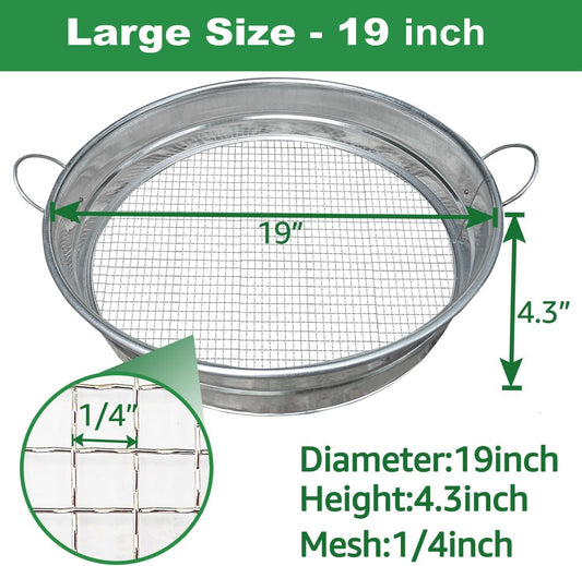 19'' Extra Large Soil Sifter with Handles, Compost Sifter for Gardening, Dirt Sifter,Rock Sifter,Garden Sieve for Compost Dirt Rocks Pellet Gravel Sand Leaves,Garden Tool 19" x19"x4.3" with 1/4" Mesh