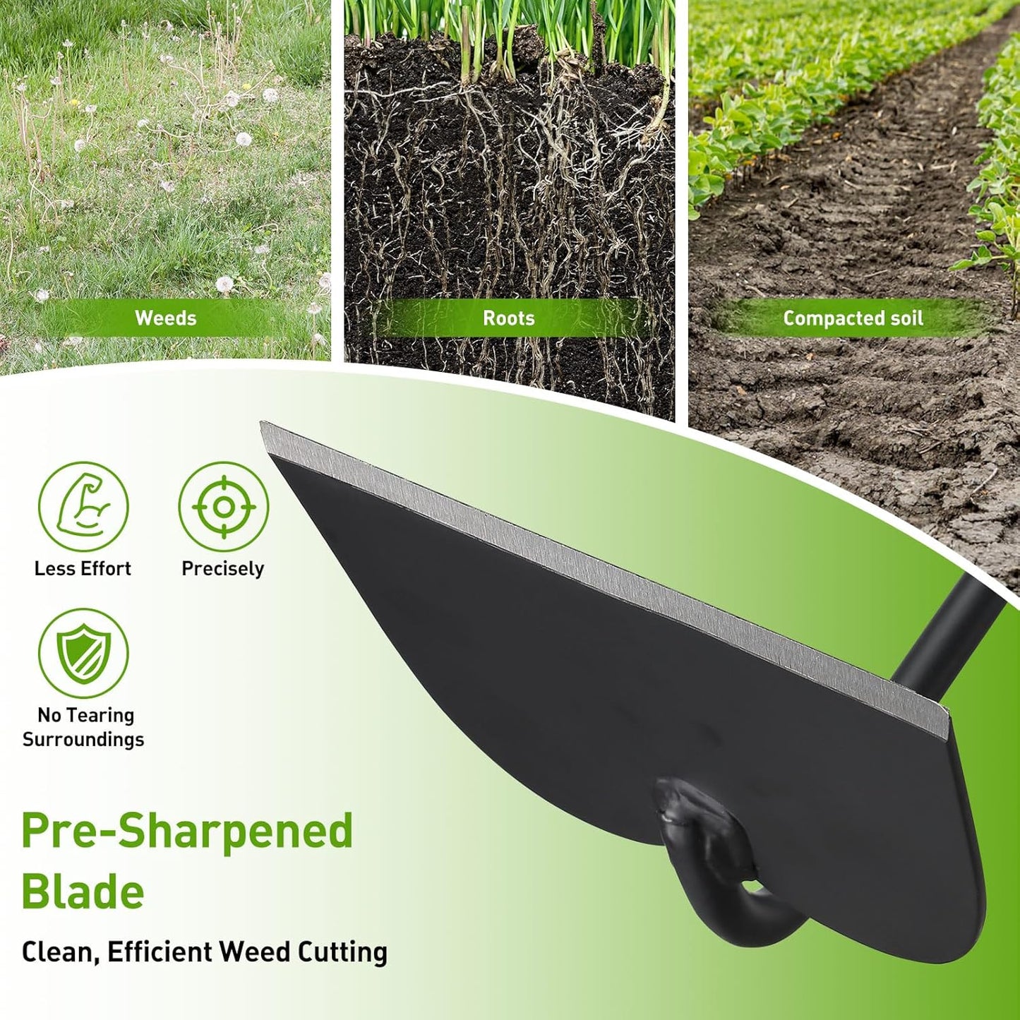 Garden Hoe for Weeding, Heavy Duty Draw Hoe Garden Tool for Plowing,Cultivating,Trenching, Ridging,Tilling Loosening Soil,Scraping Weeder with 74” Handle for Stand Gardening, Reduce Back Strain