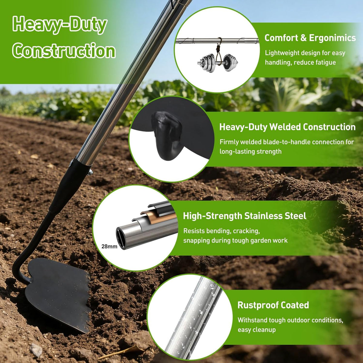 Garden Hoe for Weeding, Heavy Duty Draw Hoe Garden Tool for Plowing,Cultivating,Trenching, Ridging,Tilling Loosening Soil,Scraping Weeder with 74” Handle for Stand Gardening, Reduce Back Strain