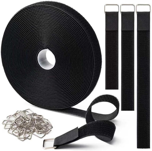 1" x32Ft Hook and Loop Straps with 50 Metal Buckles，Black