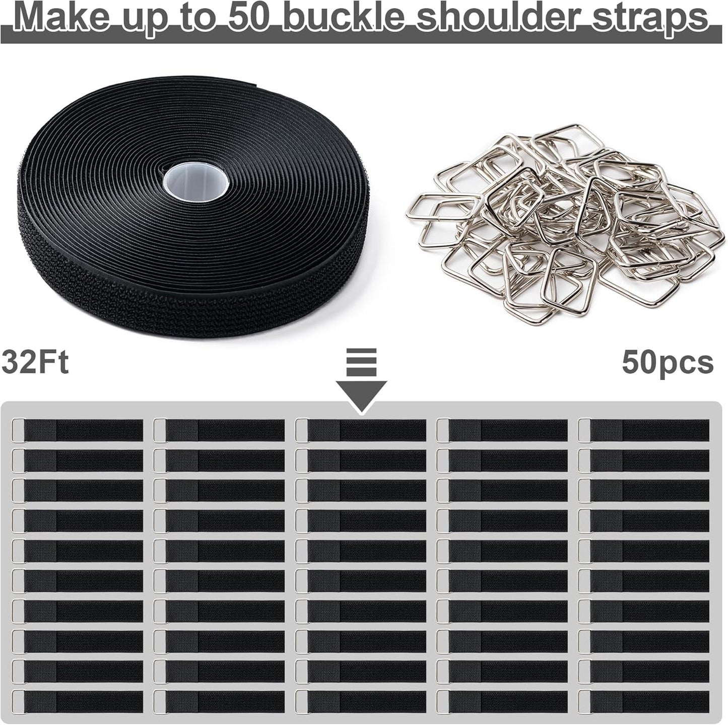 1" x32Ft Hook and Loop Straps with 50 Metal Buckles，Black