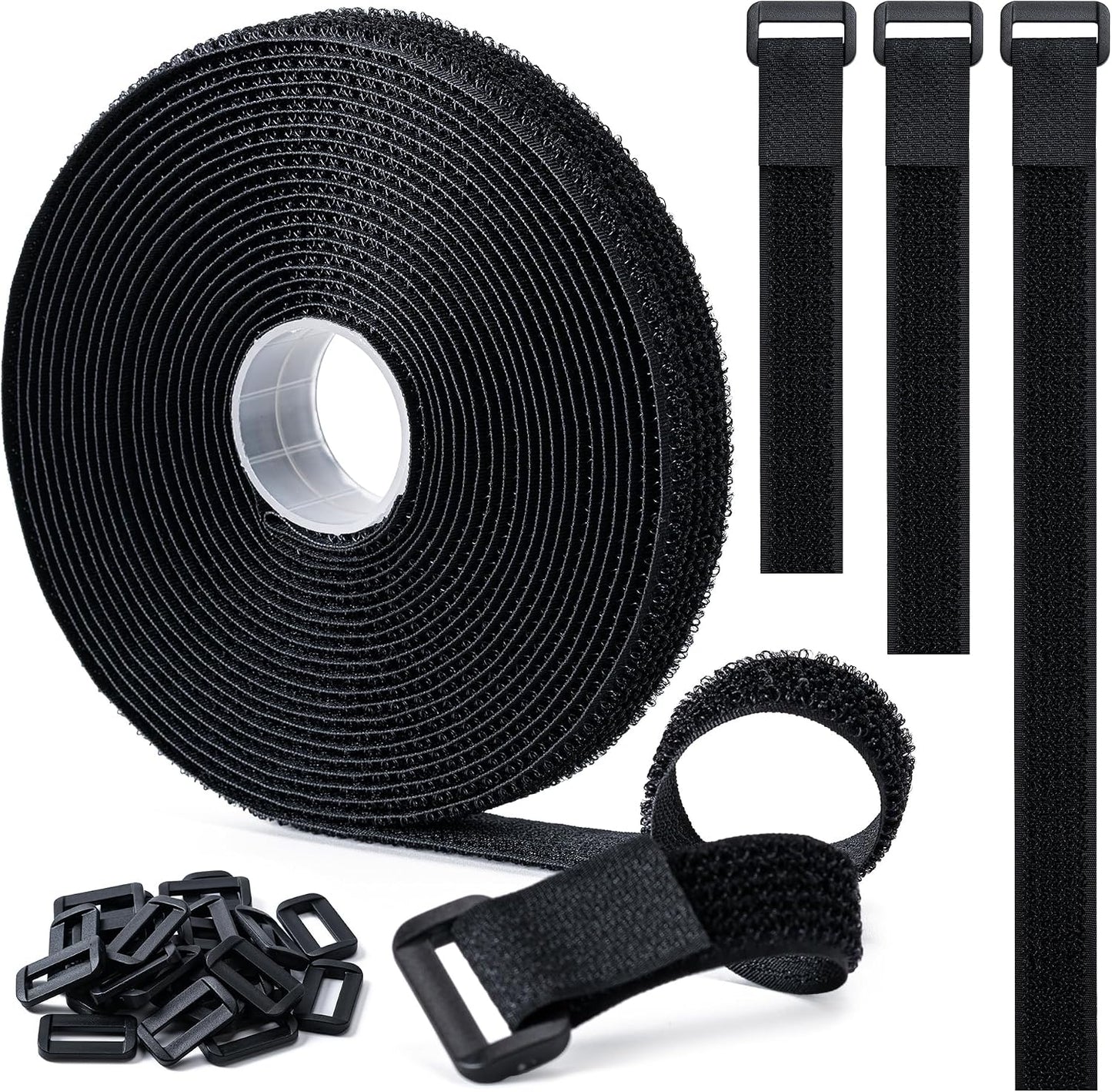 1" x32Ft Hook and Loop Straps with 50 Metal Buckles，Black