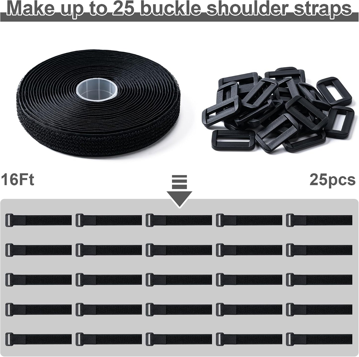 1" x32Ft Hook and Loop Straps with 50 Metal Buckles，Black