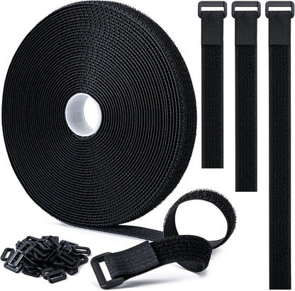 1" x32Ft Hook and Loop Straps with 50 Metal Buckles，Black