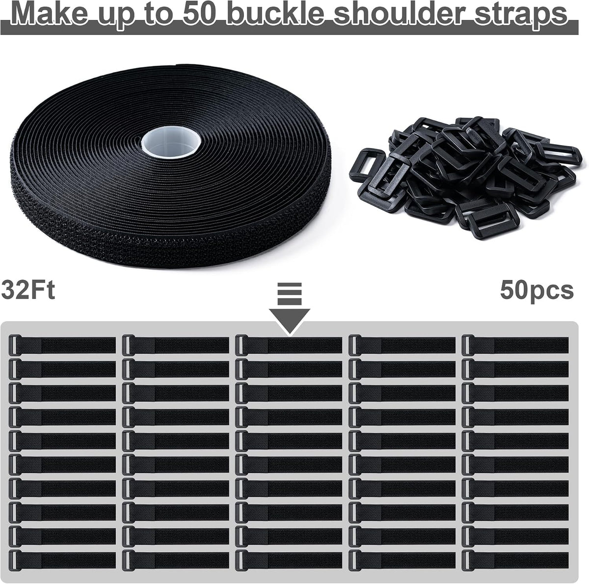 1" x32Ft Hook and Loop Straps with 50 Metal Buckles，Black