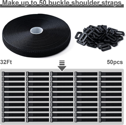 1" x32Ft Hook and Loop Straps with 50 Metal Buckles，Black