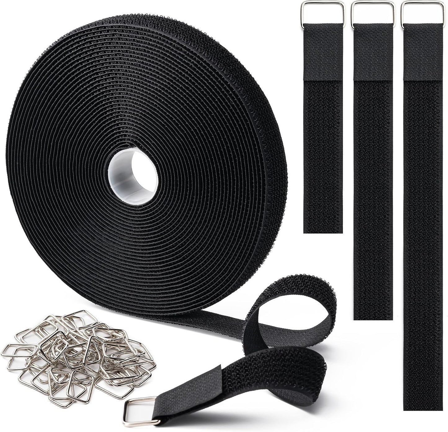 1" x32Ft Hook and Loop Straps with 50 Metal Buckles，Black