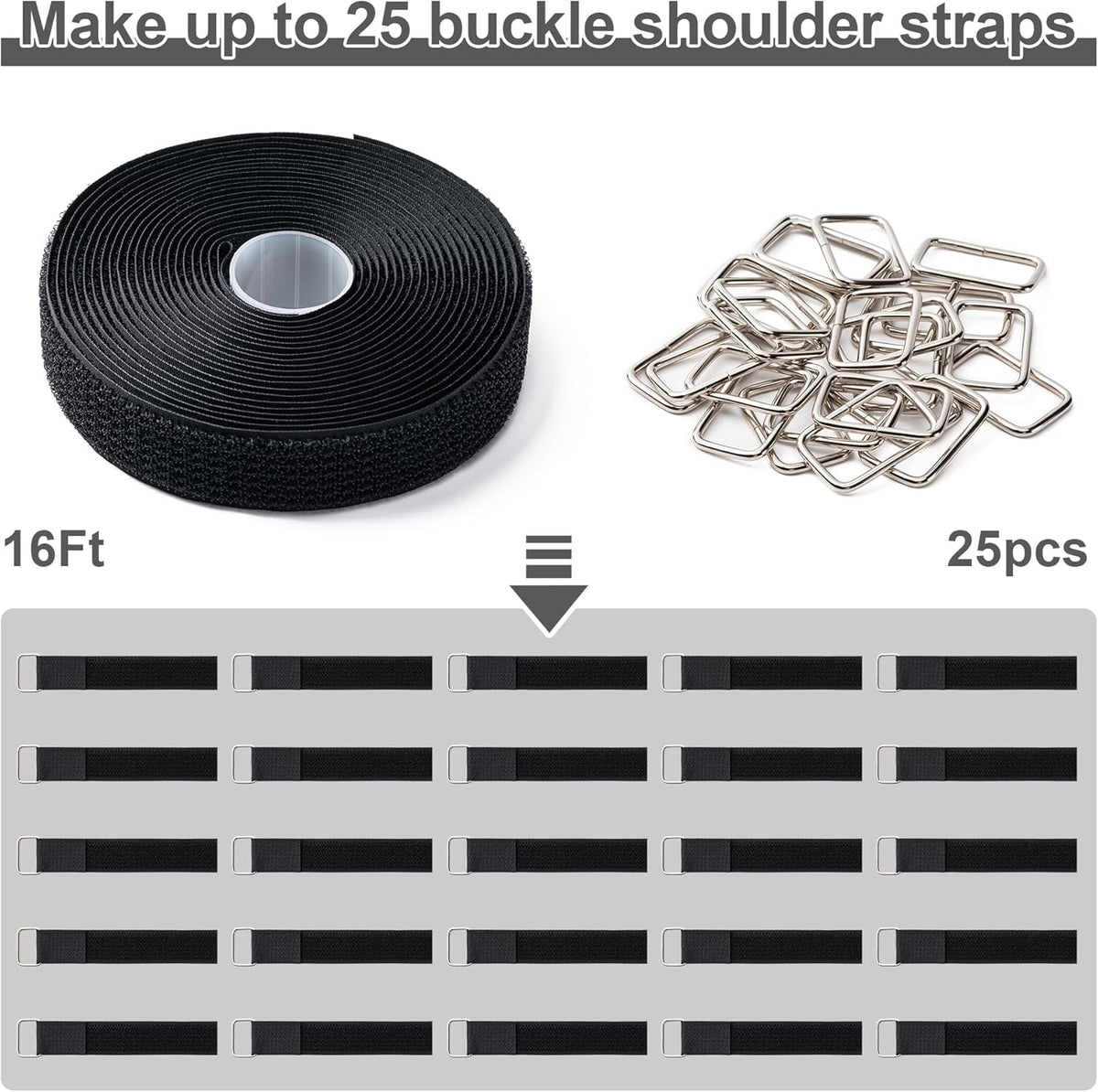 1" x32Ft Hook and Loop Straps with 50 Metal Buckles，Black