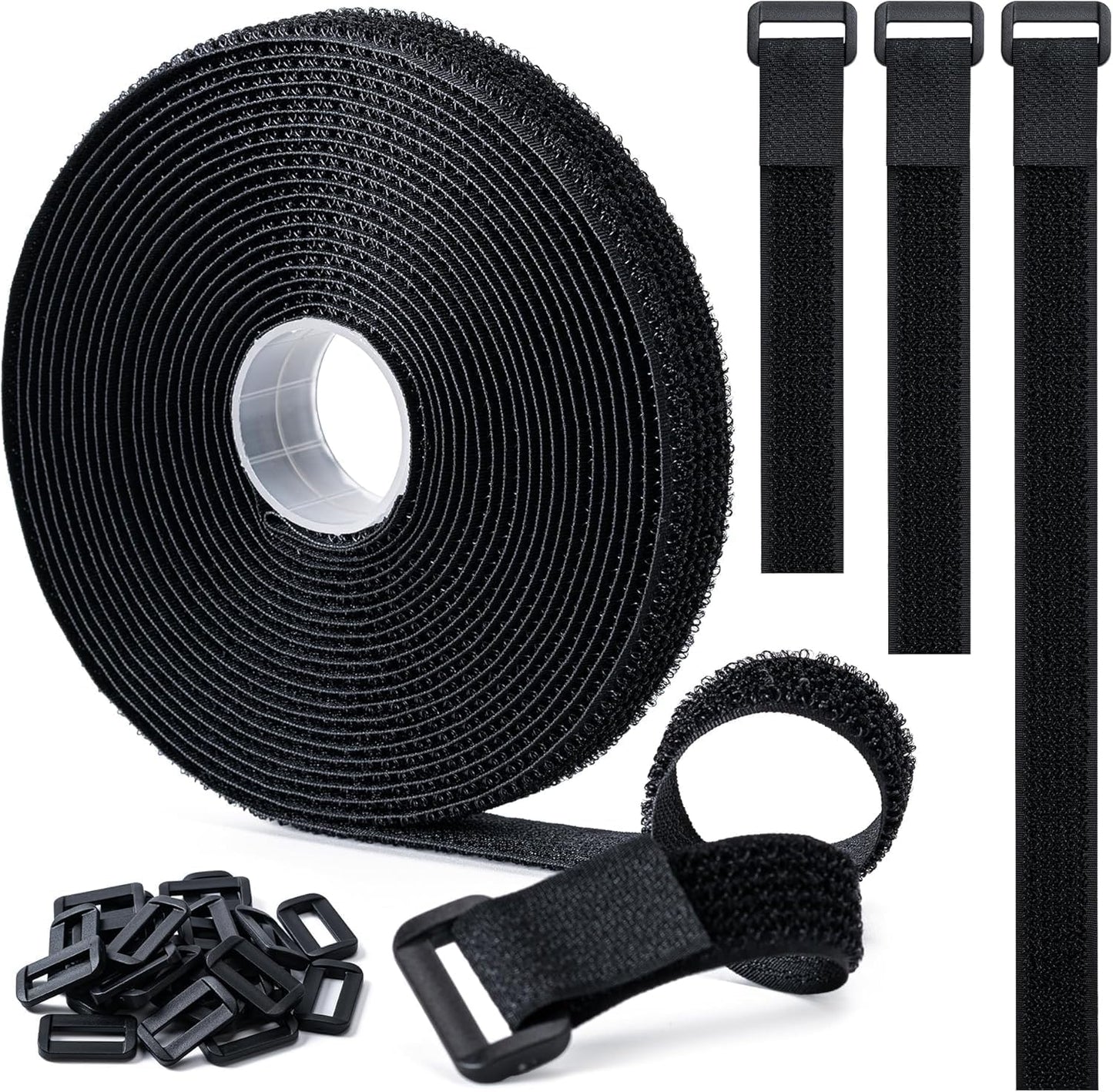 1" x32Ft Hook and Loop Straps with 50 Metal Buckles，Black