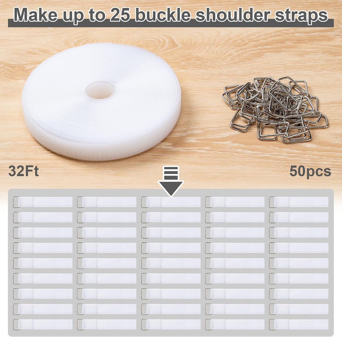 1" x32Ft Hook and Loop Straps with 50 Metal Buckles，Black
