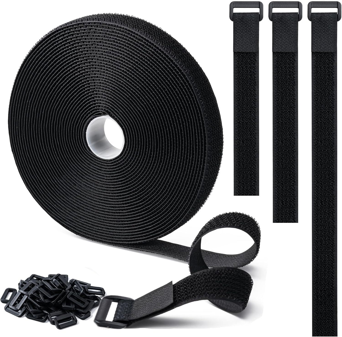 1" x32Ft Hook and Loop Straps with 50 Metal Buckles，Black