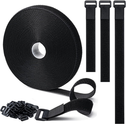 1" x32Ft Hook and Loop Straps with 50 Metal Buckles，Black