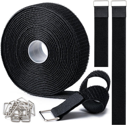 1" x32Ft Hook and Loop Straps with 50 Metal Buckles，Black