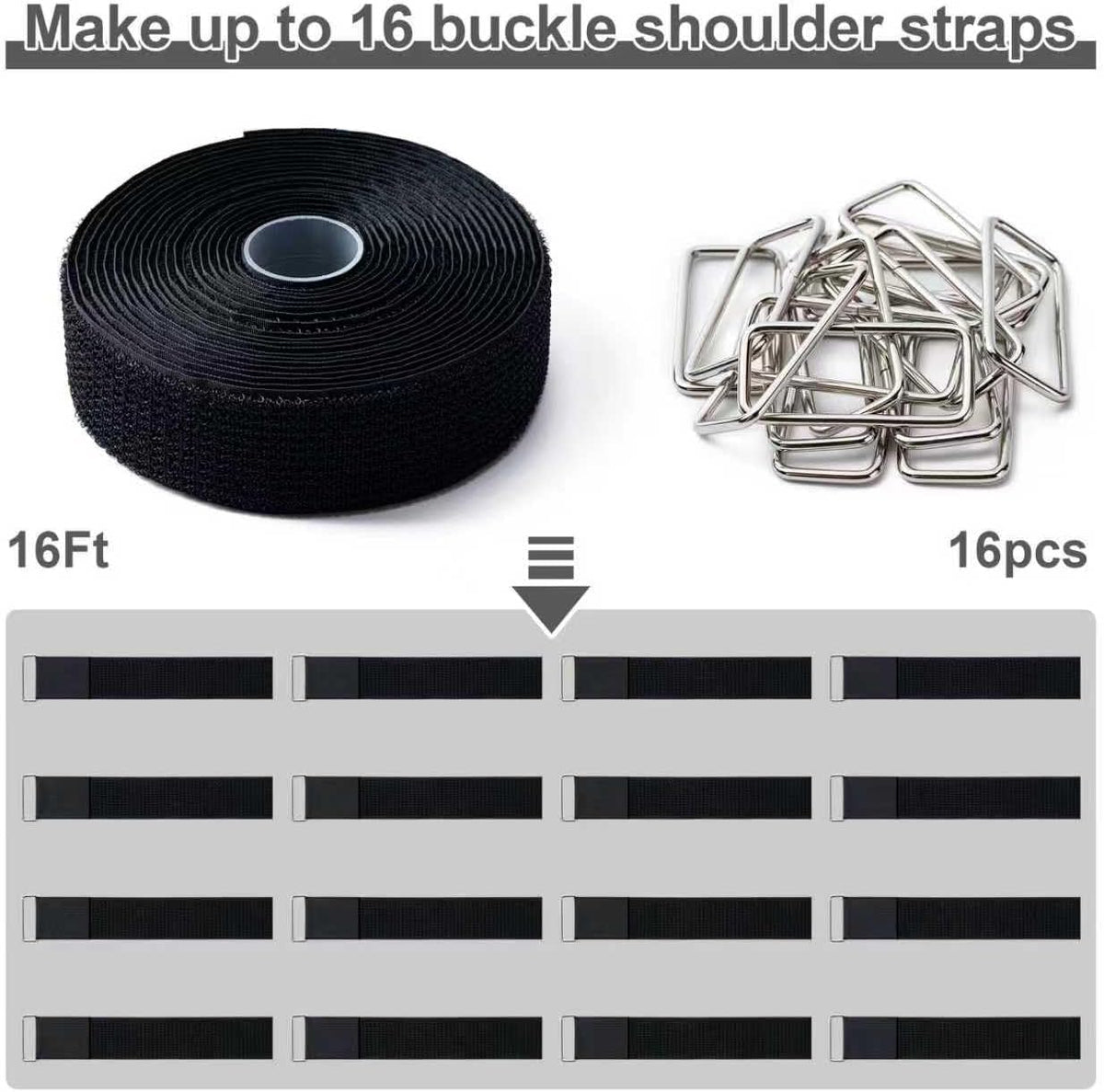 1" x32Ft Hook and Loop Straps with 50 Metal Buckles，Black