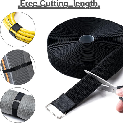 1" x32Ft Hook and Loop Straps with 50 Metal Buckles，Black