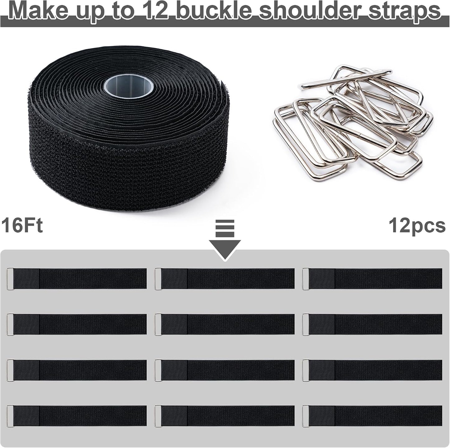 1" x32Ft Hook and Loop Straps with 50 Metal Buckles，Black