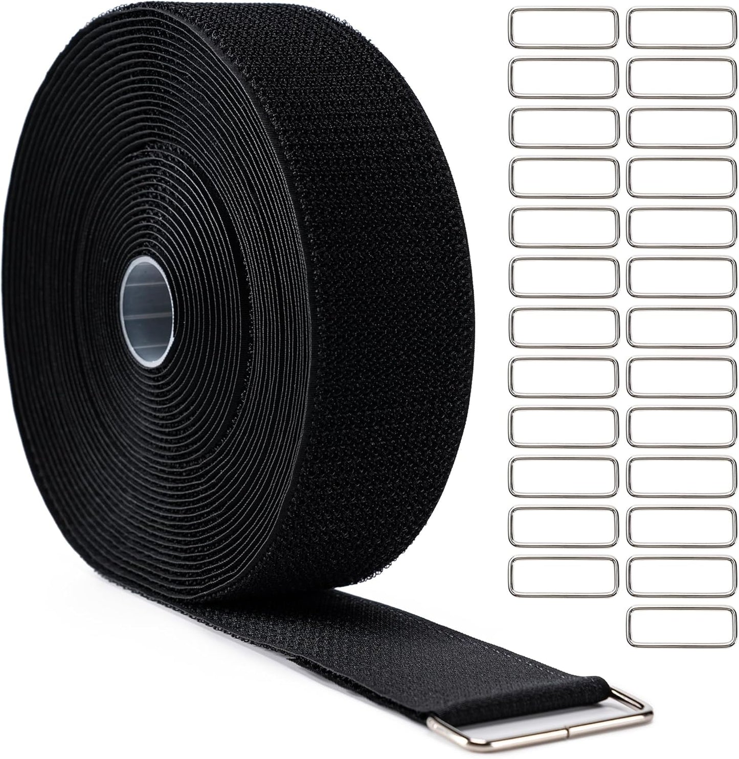 1" x32Ft Hook and Loop Straps with 50 Metal Buckles，Black