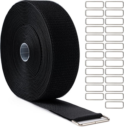 1" x32Ft Hook and Loop Straps with 50 Metal Buckles，Black