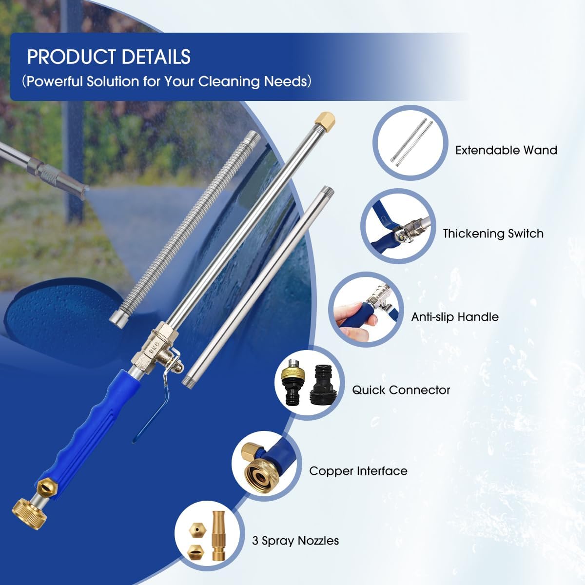 39" High Pressure Power Washer Wand for Garden Hose, Flexible Jet Nozzle Sprayer with 3 Spray Tips, Gutter Cleaner & Car Wash Hose Attachment (Blue)